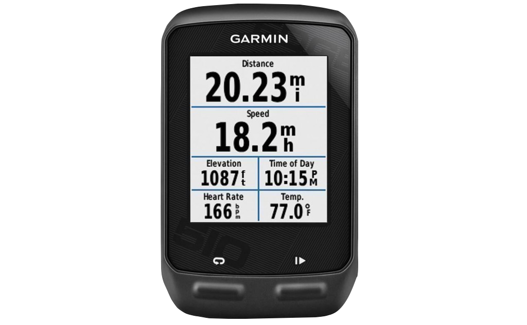 Garmin Edge 510 bike computer, black device with large display showing distance, speed and heart rate.