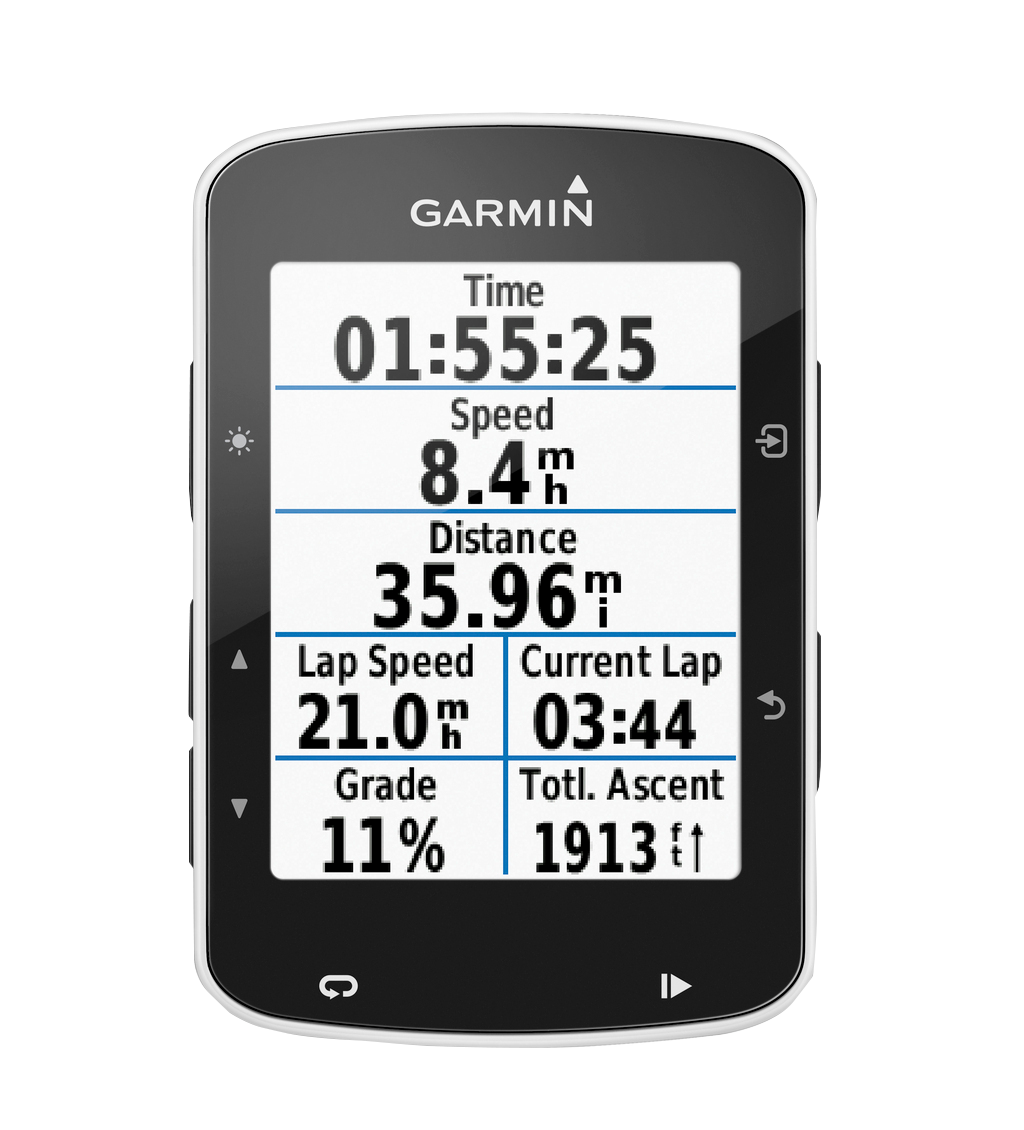 Garmin Edge 520 bike computer with black housing and white display showing time, speed, distance, lap speed, current lap, grade and ascent