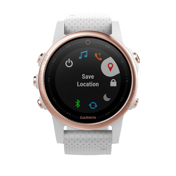 Garmin Fenix 5S Sapphire smartwatch with rose-gold bezel and white band.