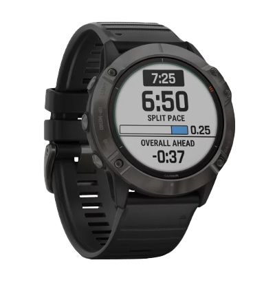 Garmin Fenix 6X Pro Solar smartwatch with titanium DLC case, carbon gray, black band