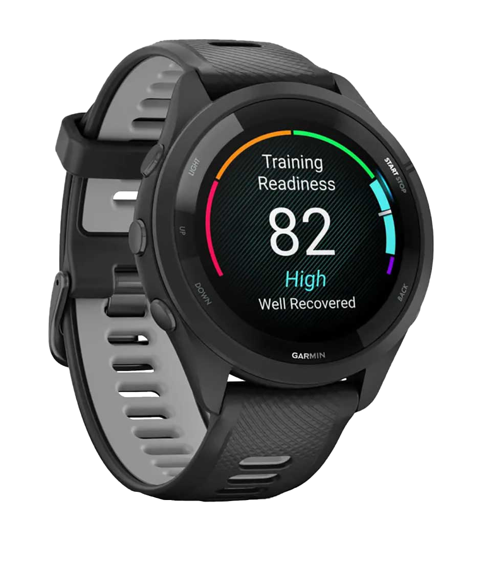 Garmin Forerunner 265 fitness GPS smartwatch with black bezel and black/powder-gray band