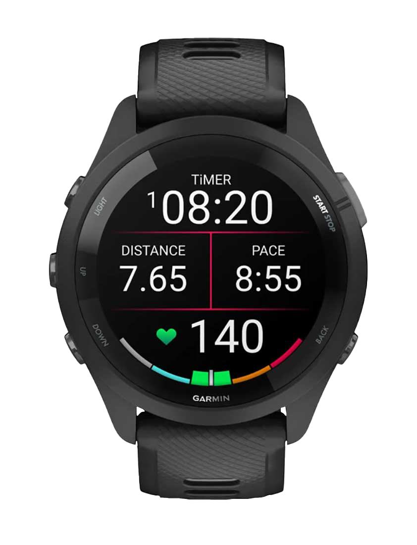 Garmin Forerunner 265 GPS smartwatch with black bezel and black/powder gray band