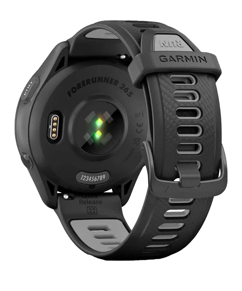 Garmin Forerunner 265 smartwatch with black bezel and black/powder gray band