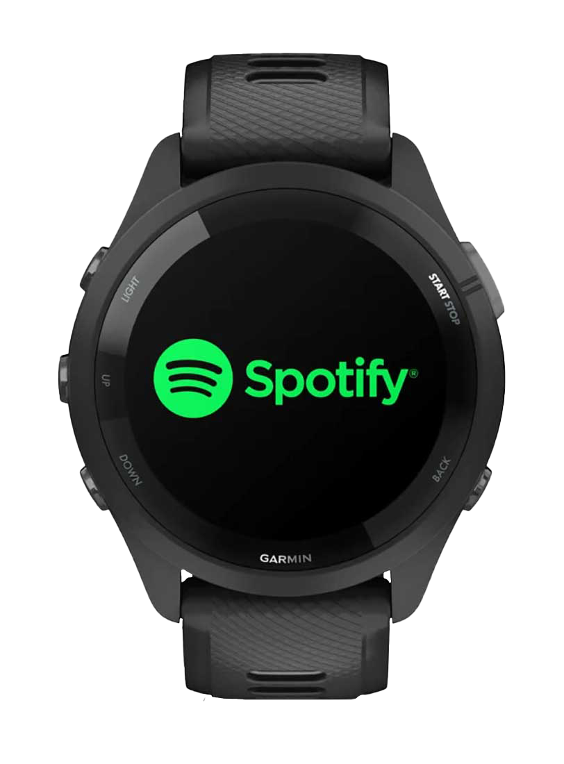Garmin Forerunner 265 GPS smartwatch with black bezel and black/powder gray band, Spotify on display