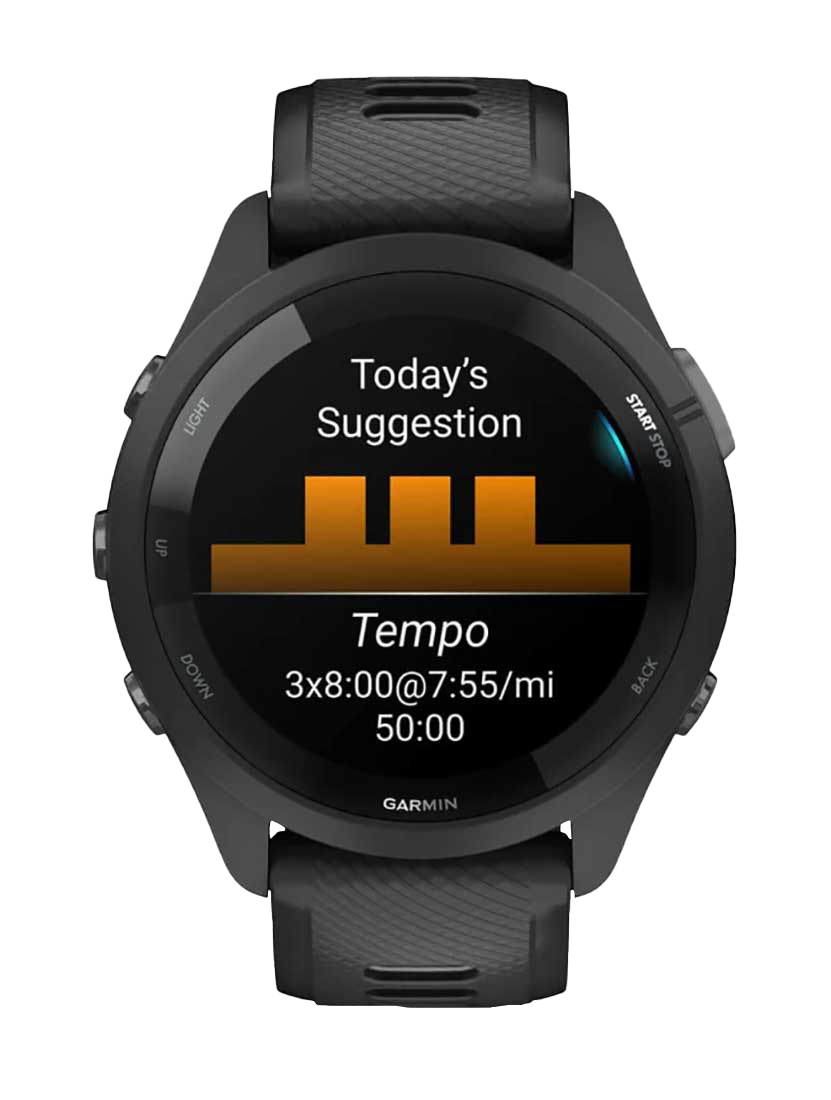 Garmin Forerunner 265 GPS smartwatch with black bezel and black/powder gray band