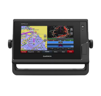 Garmin GPSMAP 722 marine chartplotter in black with multi-panel color map and navigation display.