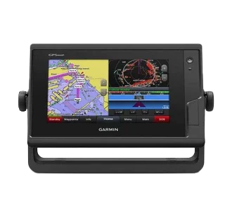 Garmin GPSMAP 722 marine chartplotter in black with multi-panel color map and navigation display.