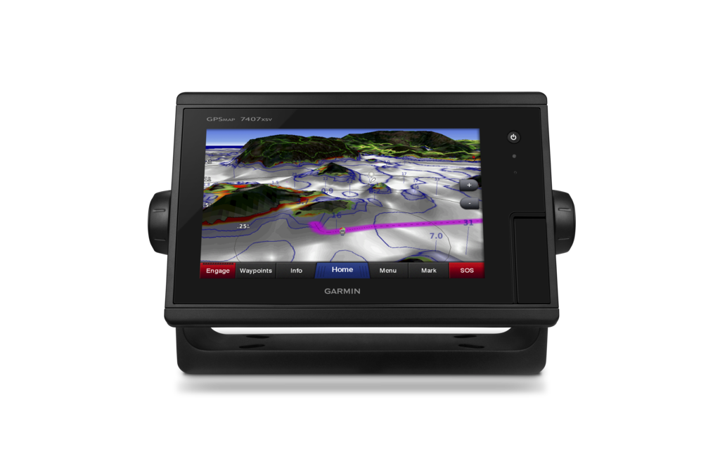 Garmin GPSMAP 7407xsv marine chartplotter, black device with map display