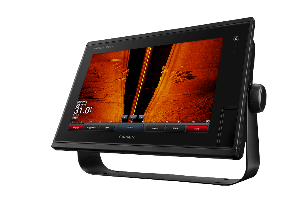 Garmin GPSMAP 7612xsv marine chartplotter with black display on curved mounting stand