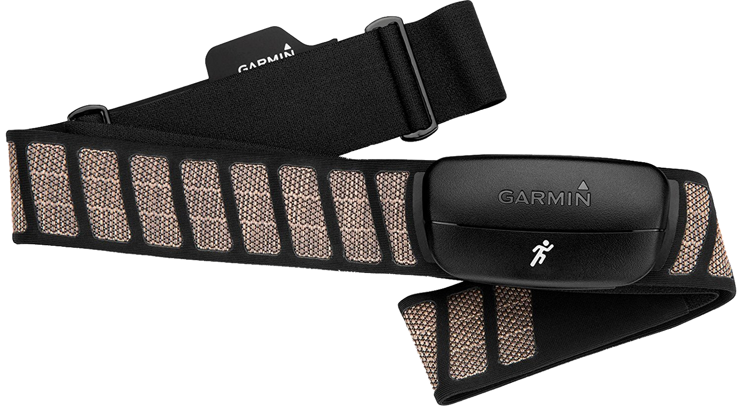 Garmin HRM-Run chest strap heart-rate monitor with black strap and beige panel accents