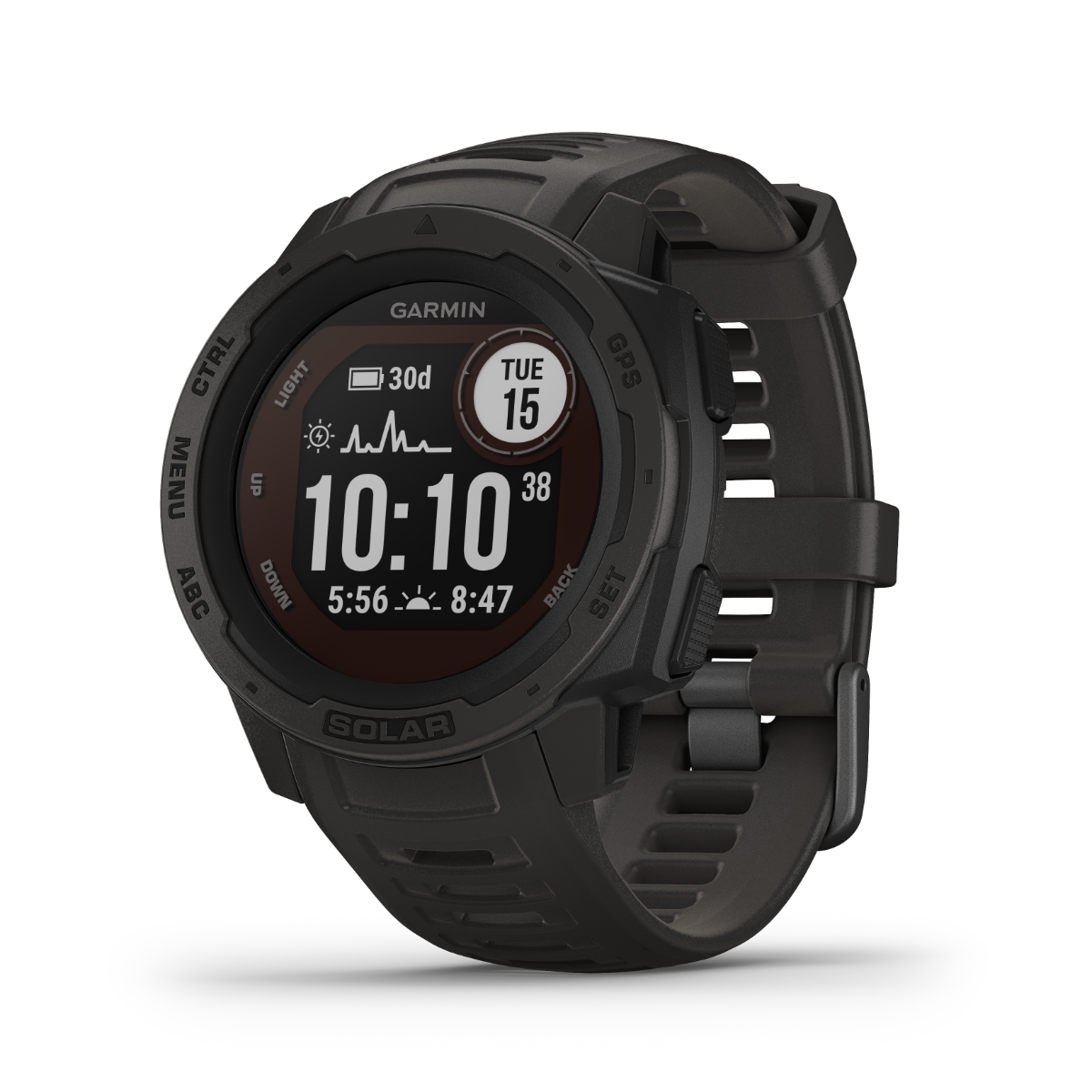 Garmin Instinct Solar Graphite rugged GPS smartwatch with black strap, certified refurbished