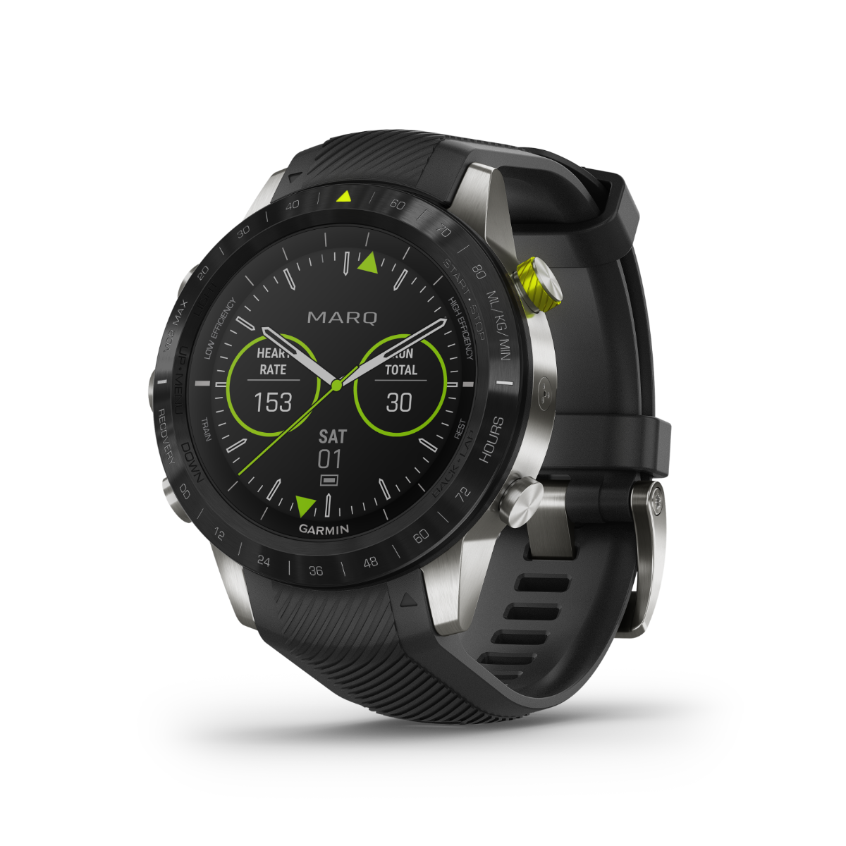 Garmin MARQ Athlete smartwatch, men's luxury GPS watch with stainless steel bezel and black band