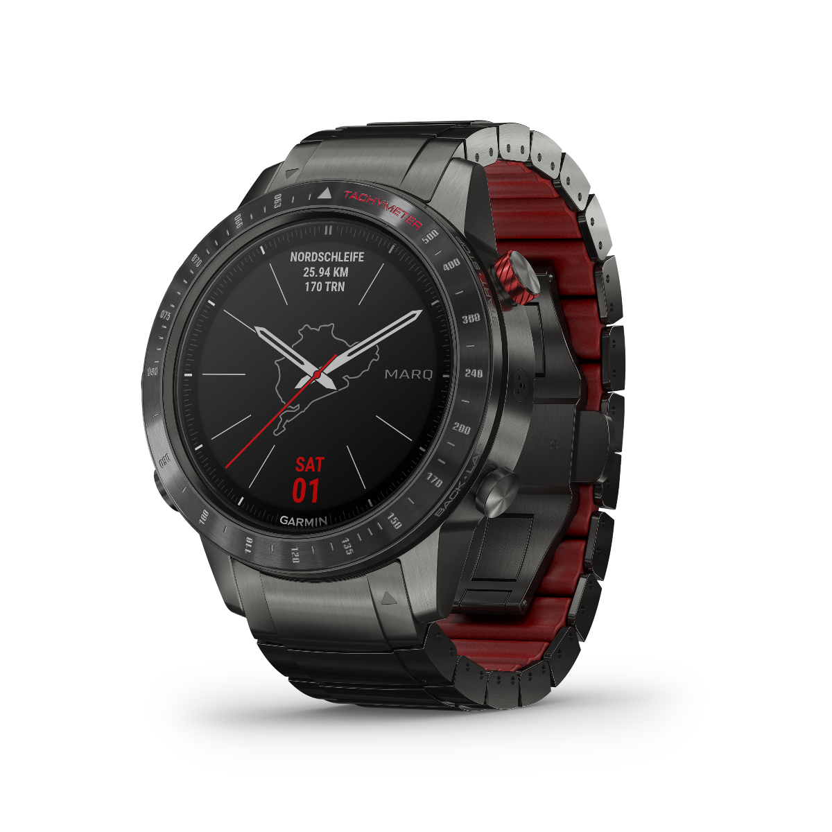 Garmin Marq Driver smartwatch with black steel bracelet and red inner strap