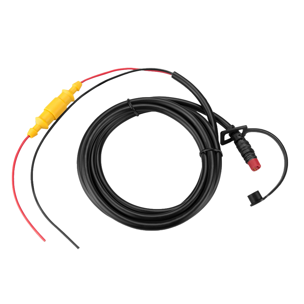 Garmin power cable for Echo Series; long black marine cable with red/black leads and yellow inline connectors