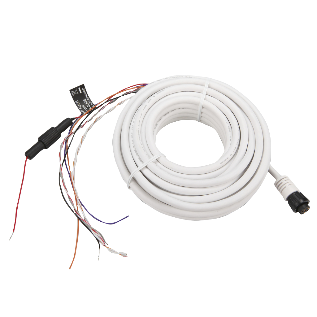 Garmin Power/Data Cable for GPS 19x HVS, white coiled lead with exposed wires and round multi-pin connector.