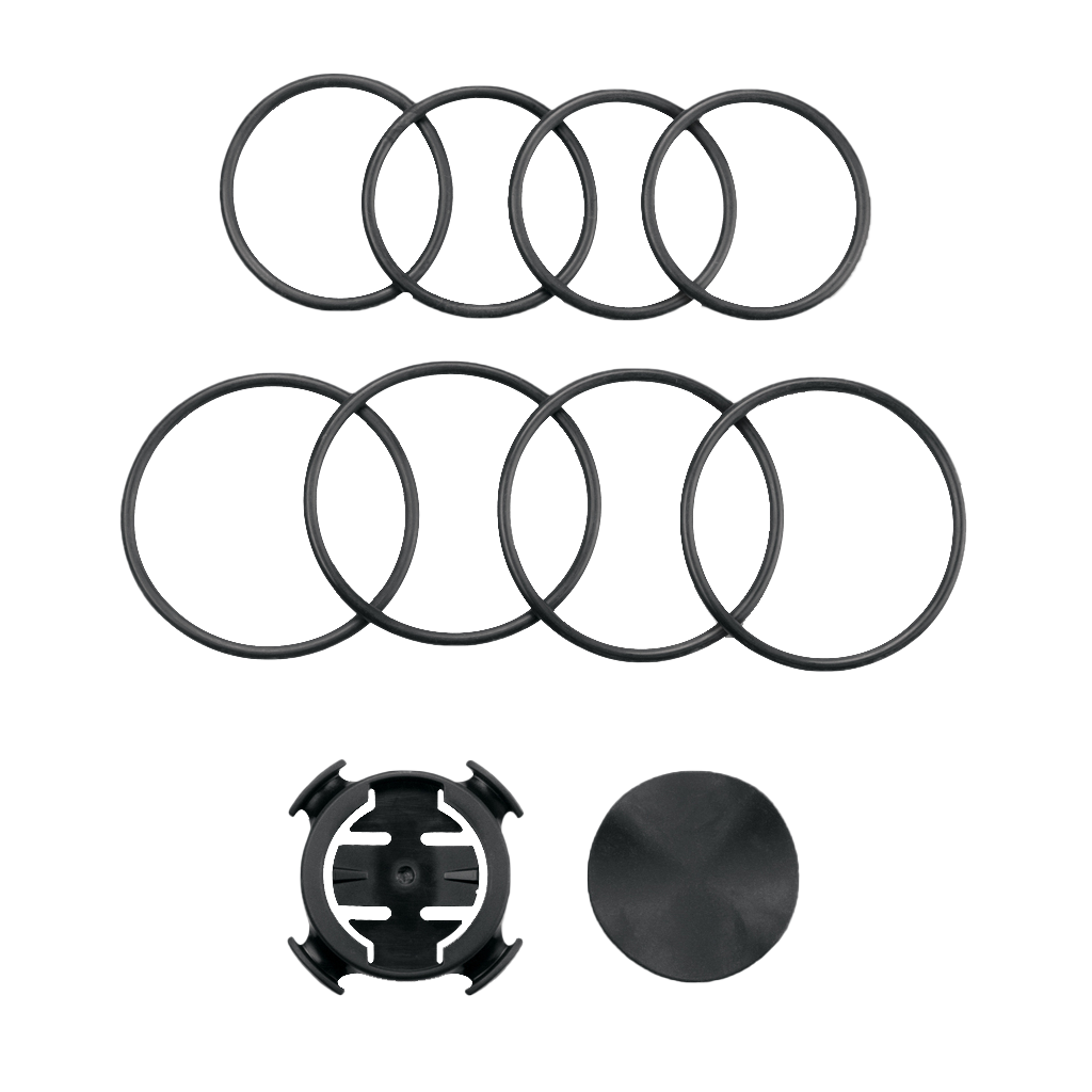 Garmin Quarter-Turn Bike Mount kit with 10 black rubber O-rings, mounting cradle, and circular plate
