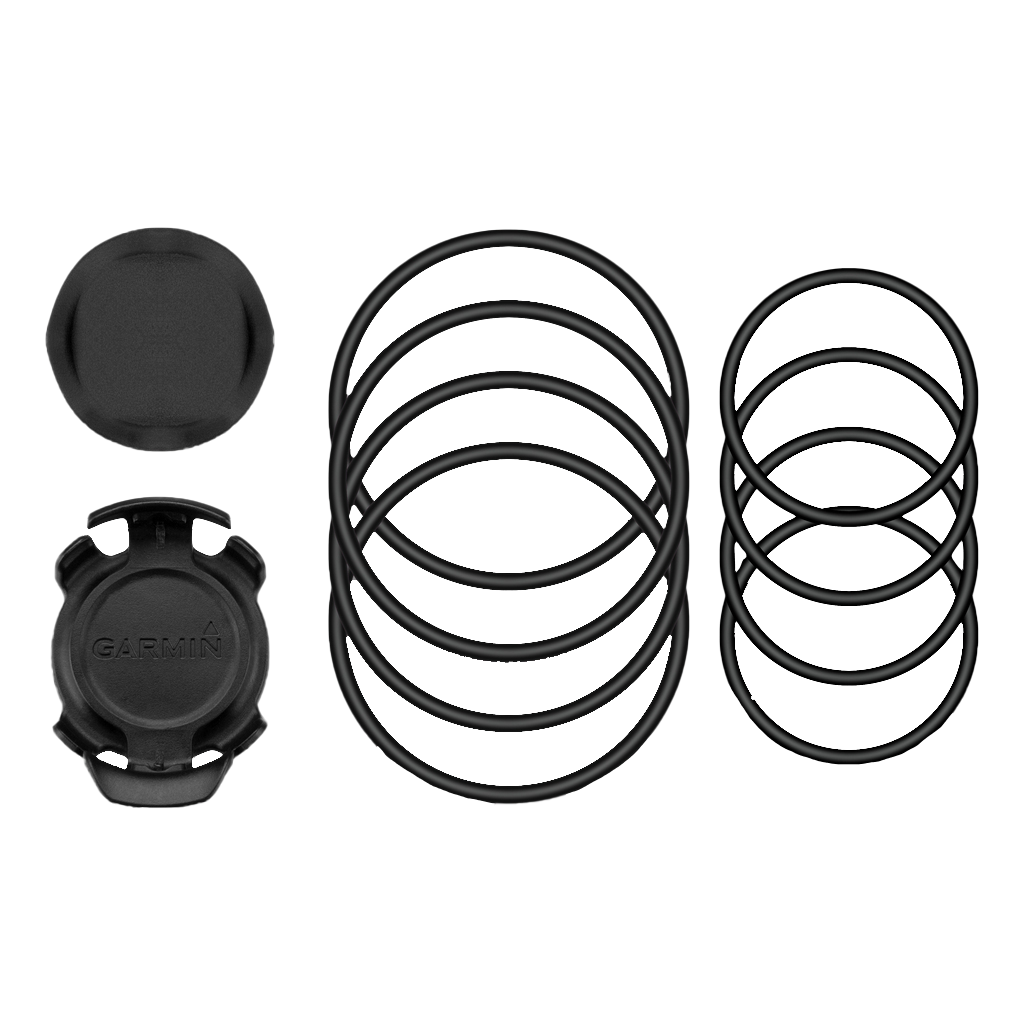 Garmin Road Bike Mount kit with black Garmin clamp, rubber pad, and two sets of black O-rings