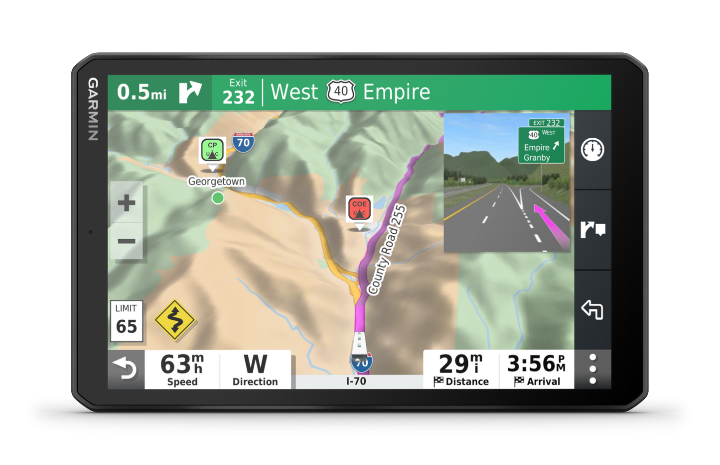 Garmin RV 890 GPS navigation system; map view with I-70/Empire highway signs and RV routing