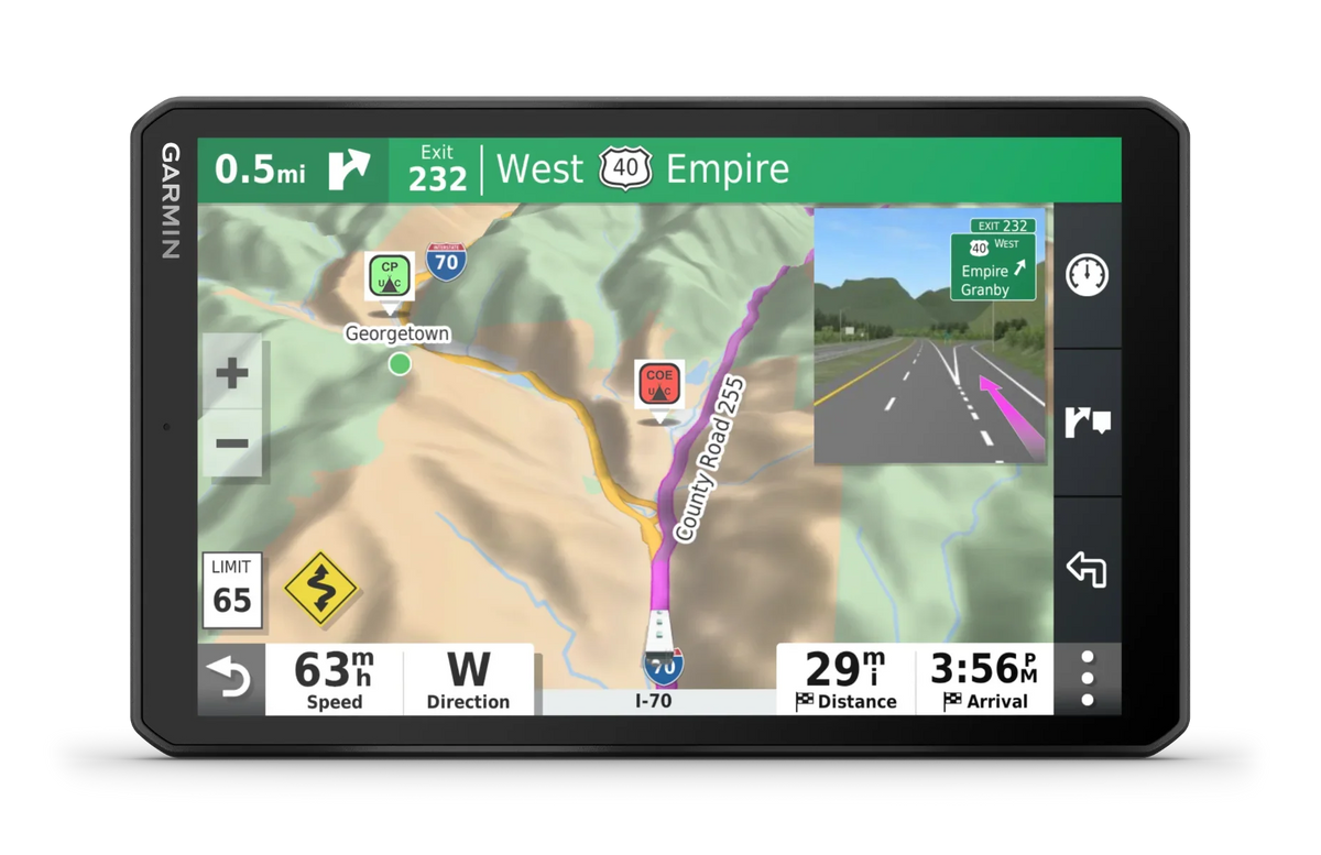 Garmin RV 890 GPS navigation system; map view with I-70/Empire highway signs and RV routing