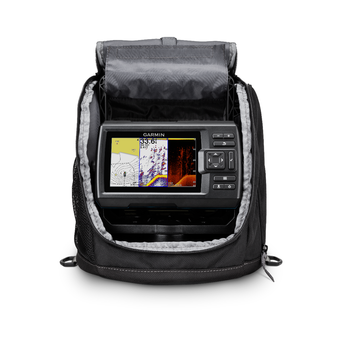 Garmin STRIKER Vivid 5cv ice fishing bundle fish finder in a grey padded carrying case