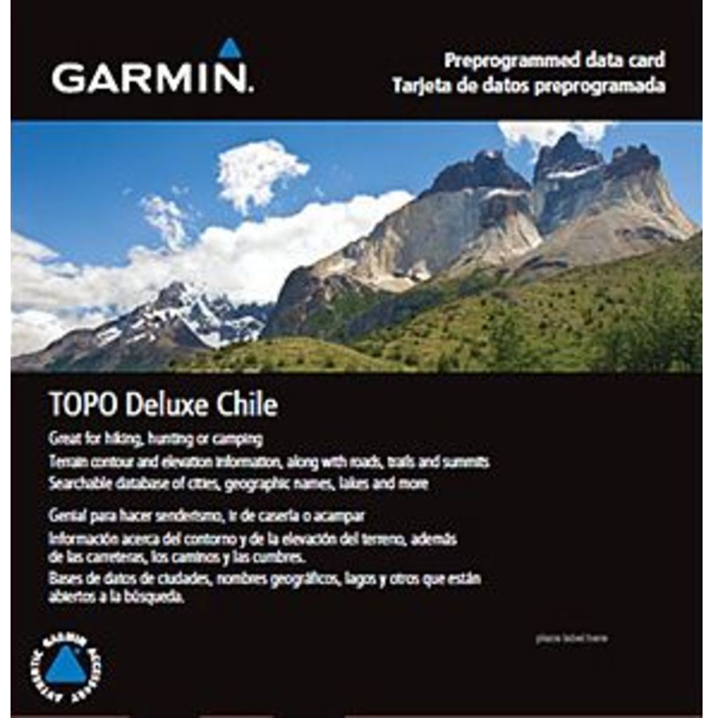 Garmin TOPO Deluxe Chile map card; preprogrammed GPS data by Garmin with Chile terrain.