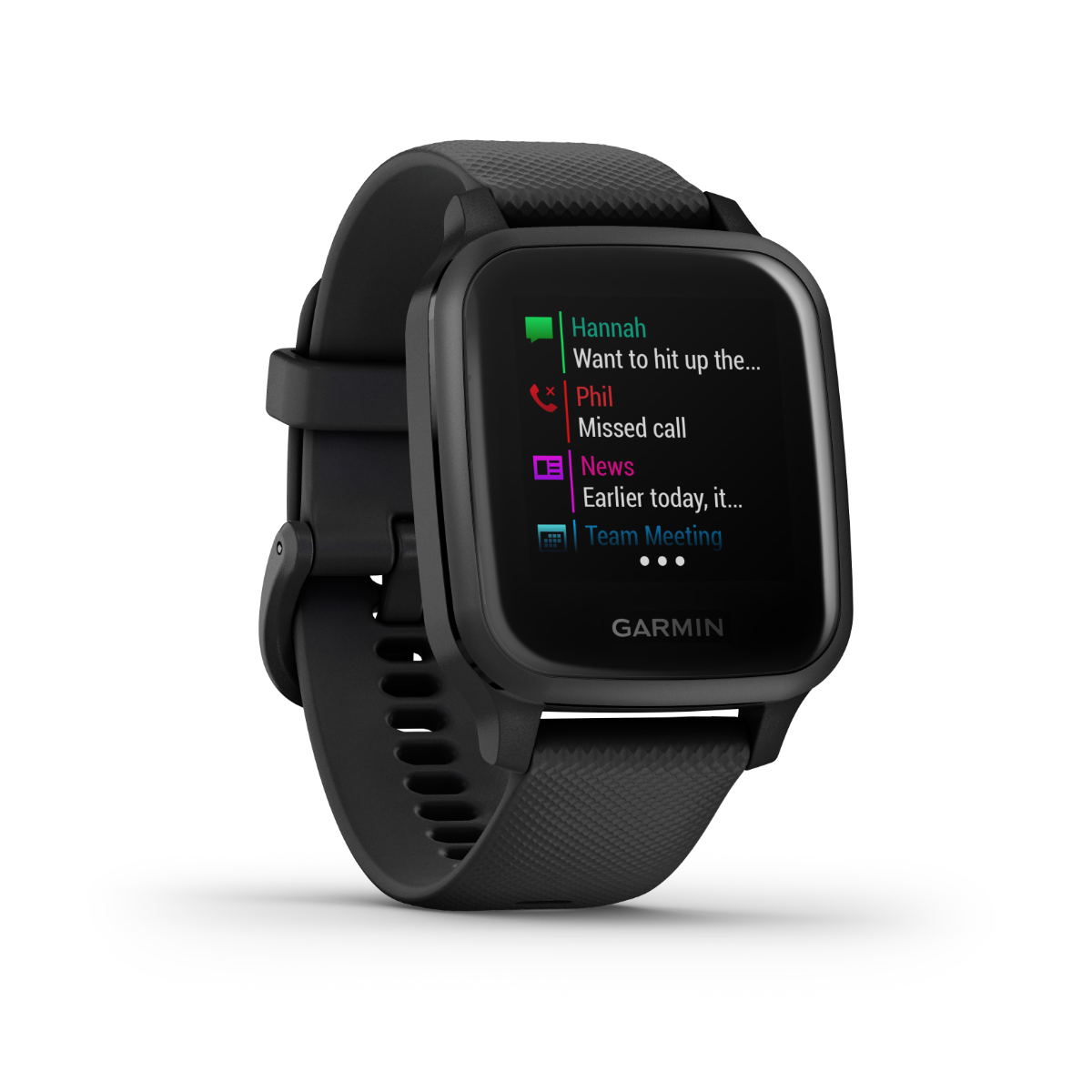 Garmin Venu Sq Music GPS smartwatch, black bezel with black band, certified refurbished.
