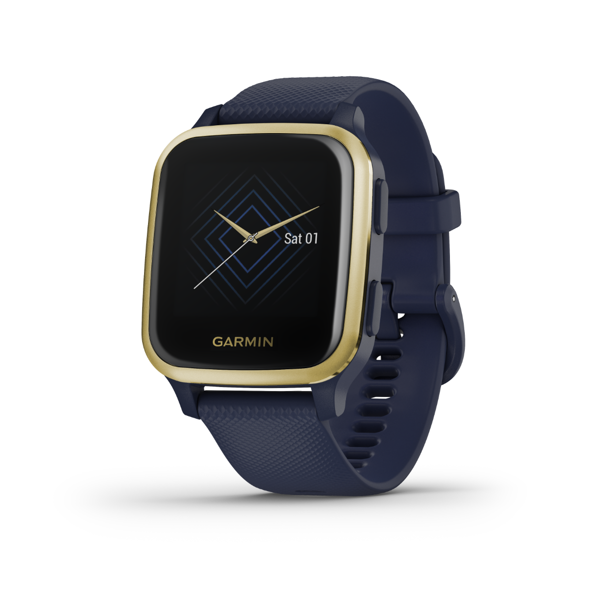 Garmin Venu Sq Music smartwatch with gold bezel and navy band