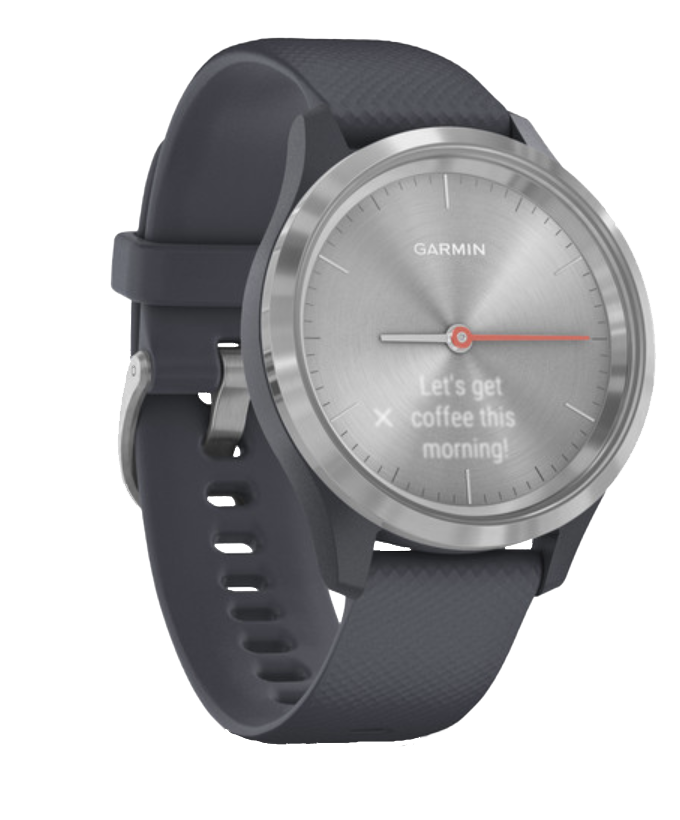 Garmin Vivomove 3S watch, silver case with granite blue band