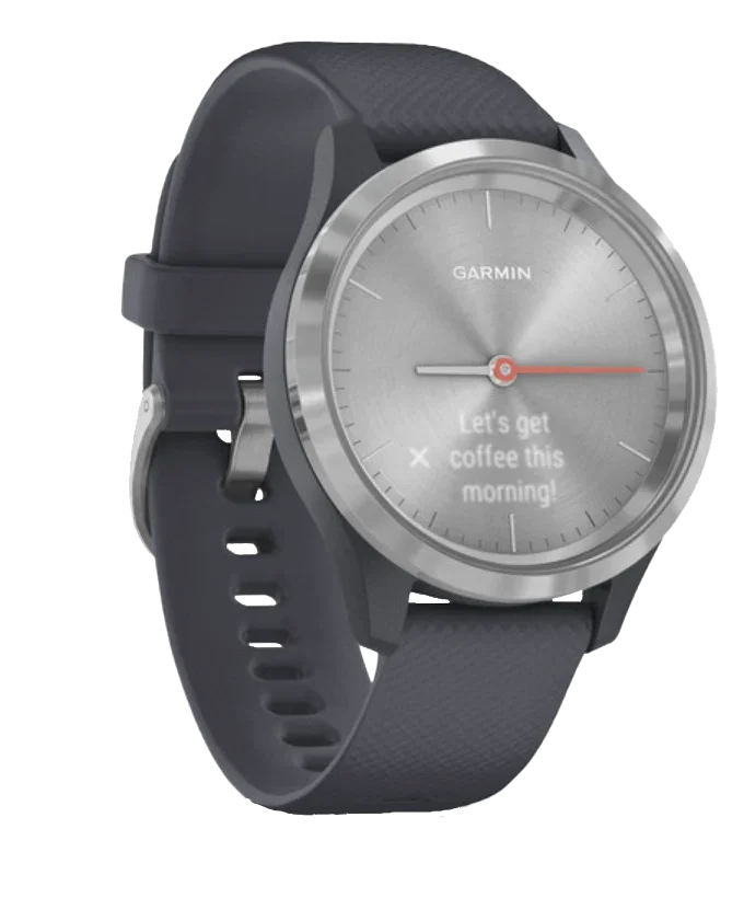 Garmin Vivomove 3S watch, silver case with granite blue band