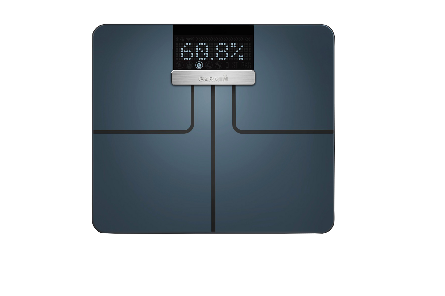 Garmin Index Smart Scale in black with digital display and brushed metal Garmin logo plate
