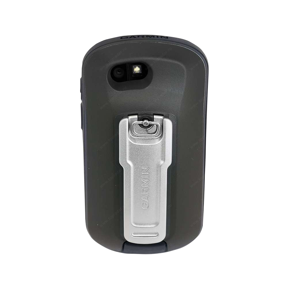 Garmin Oregon 650t handheld GPS with silver belt clip, rear view