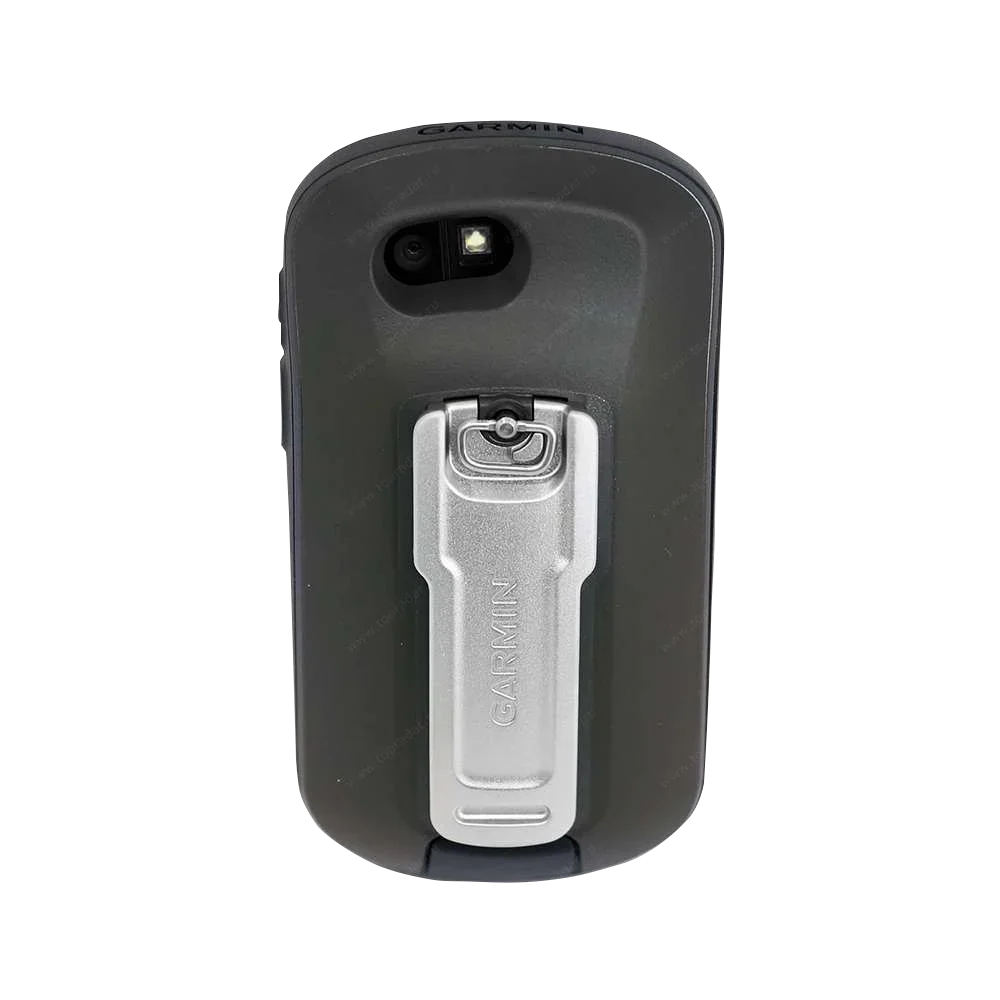 Garmin Oregon 650t handheld GPS with silver belt clip, rear view