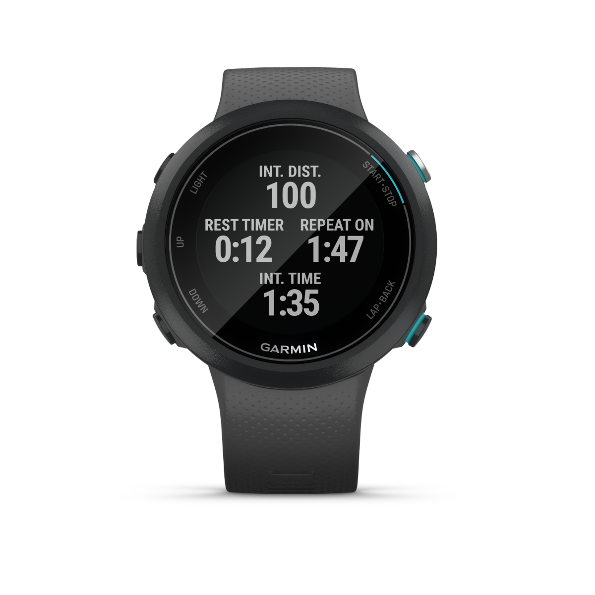 Garmin Swim 2 Slate smartwatch, black/gray silicone band, digital display