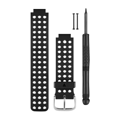 Garmin watch bands 010-12361-01 kit with two black perforated bands, screws, and a small screwdriver