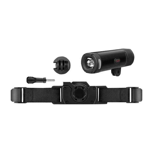 Garmin Varia UT800 Trail Edition smart bike headlight, black, with mounting strap and accessories