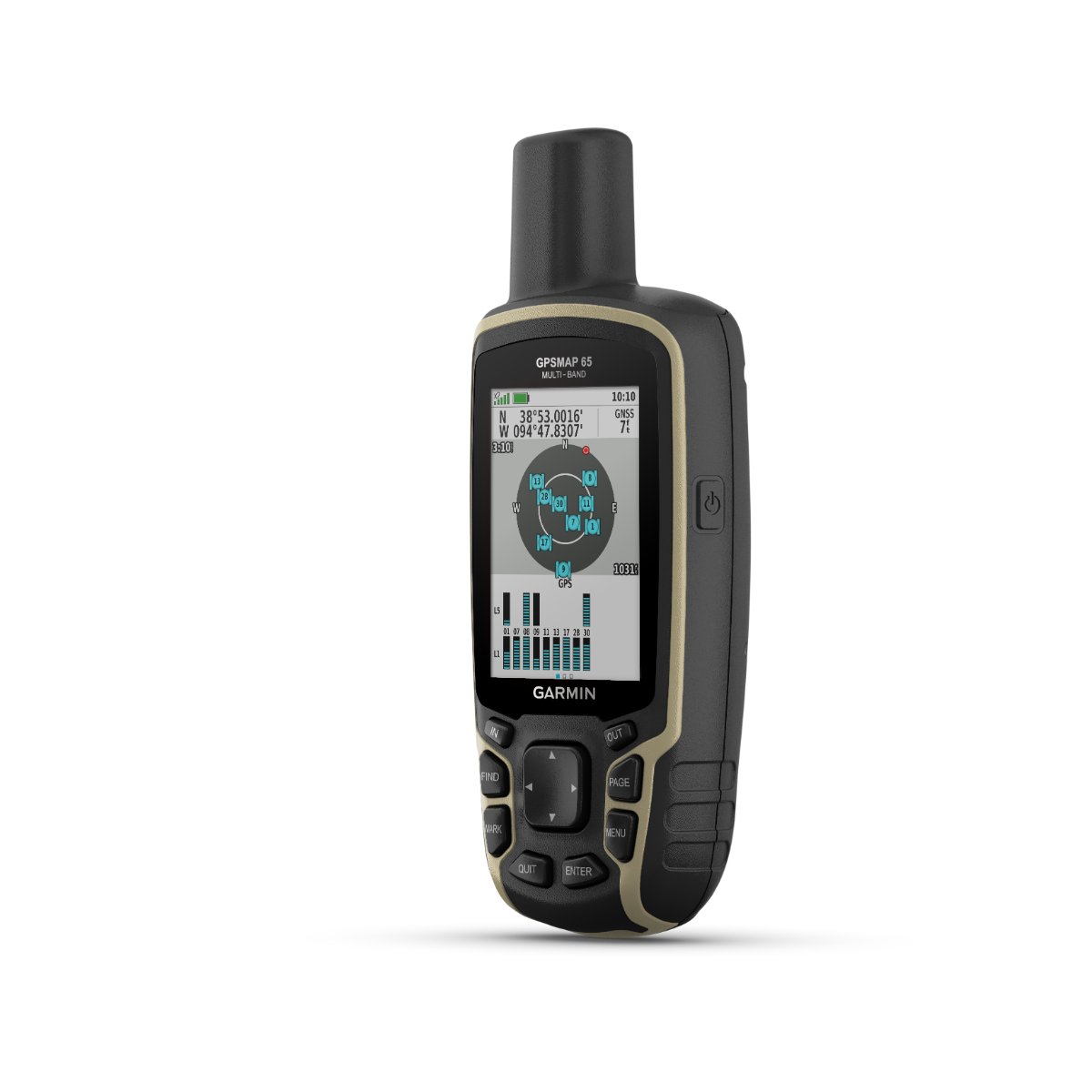 GPSMAP 65 multi-band handheld GPS device from Garmin in black with tan trim.