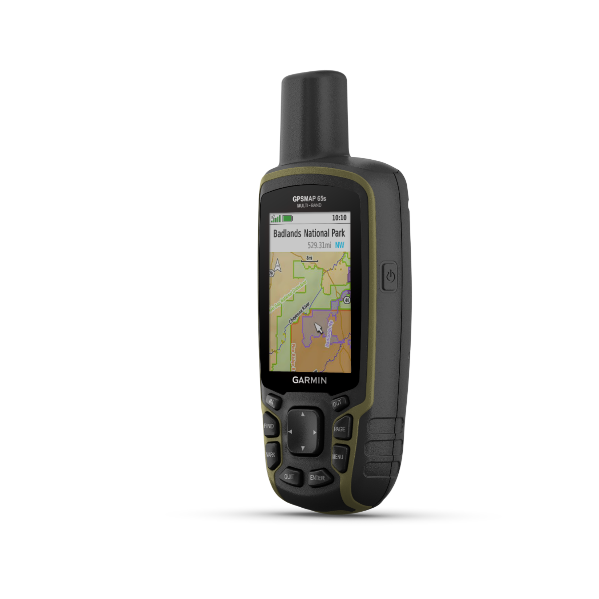 Garmin GPSMAP 65s handheld GPS with maps, refurbished black/olive unit displaying Badlands National Park map