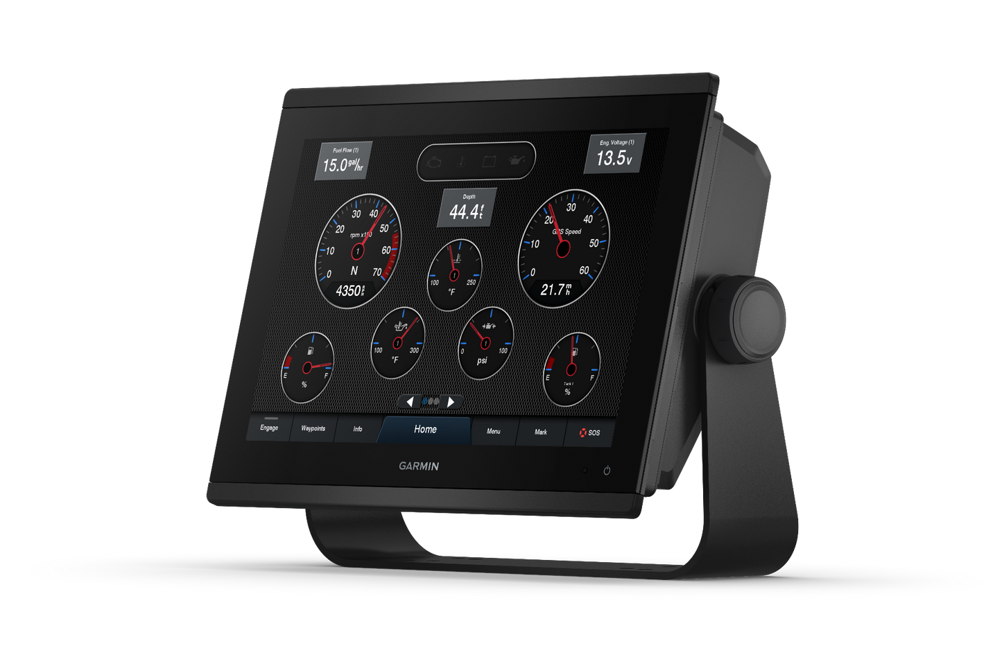 Garmin GPSMAP 1243xsv marine chartplotter with GMR 18 HD+ radome, black display on stand
