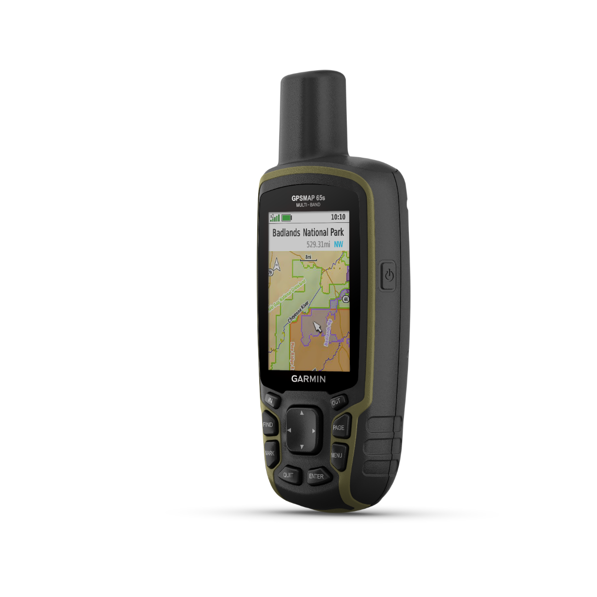 Garmin GPSMAP 65s handheld GPS with maps; rugged black/olive design, refurbished Garmin device