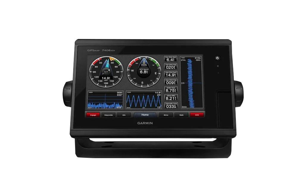 Garmin GPSMAP 7408xsv marine chartplotter with black housing and colorful data gauges on screen