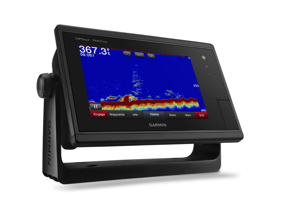 Garmin GPSMAP 7607xsv marine chartplotter with color sonar display on mount