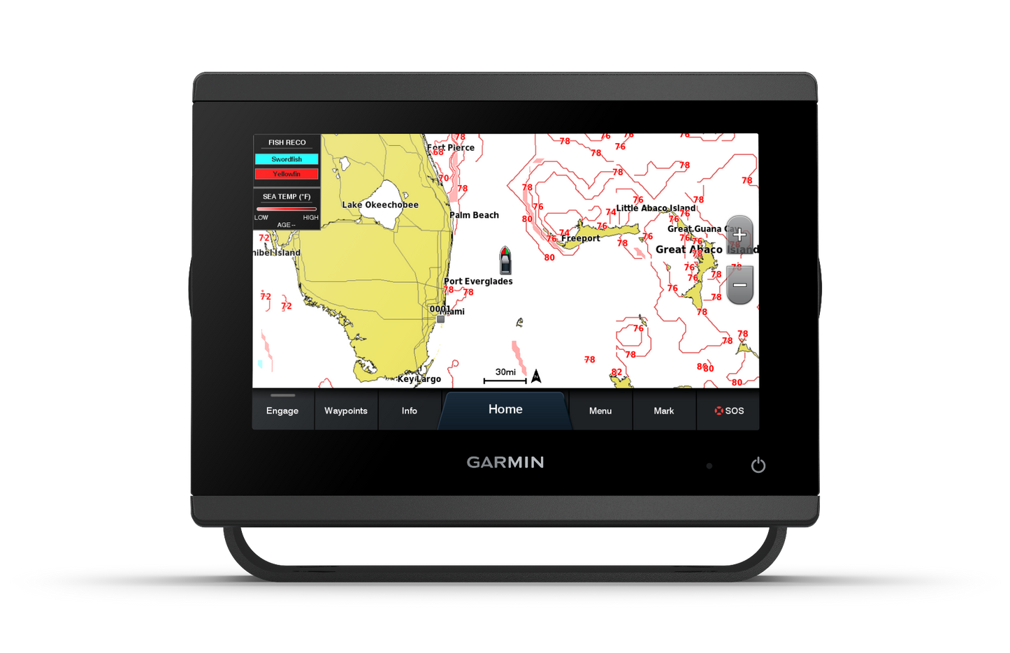 Garmin GPSMAP 723 marine chartplotter, black bezel, map display on screen