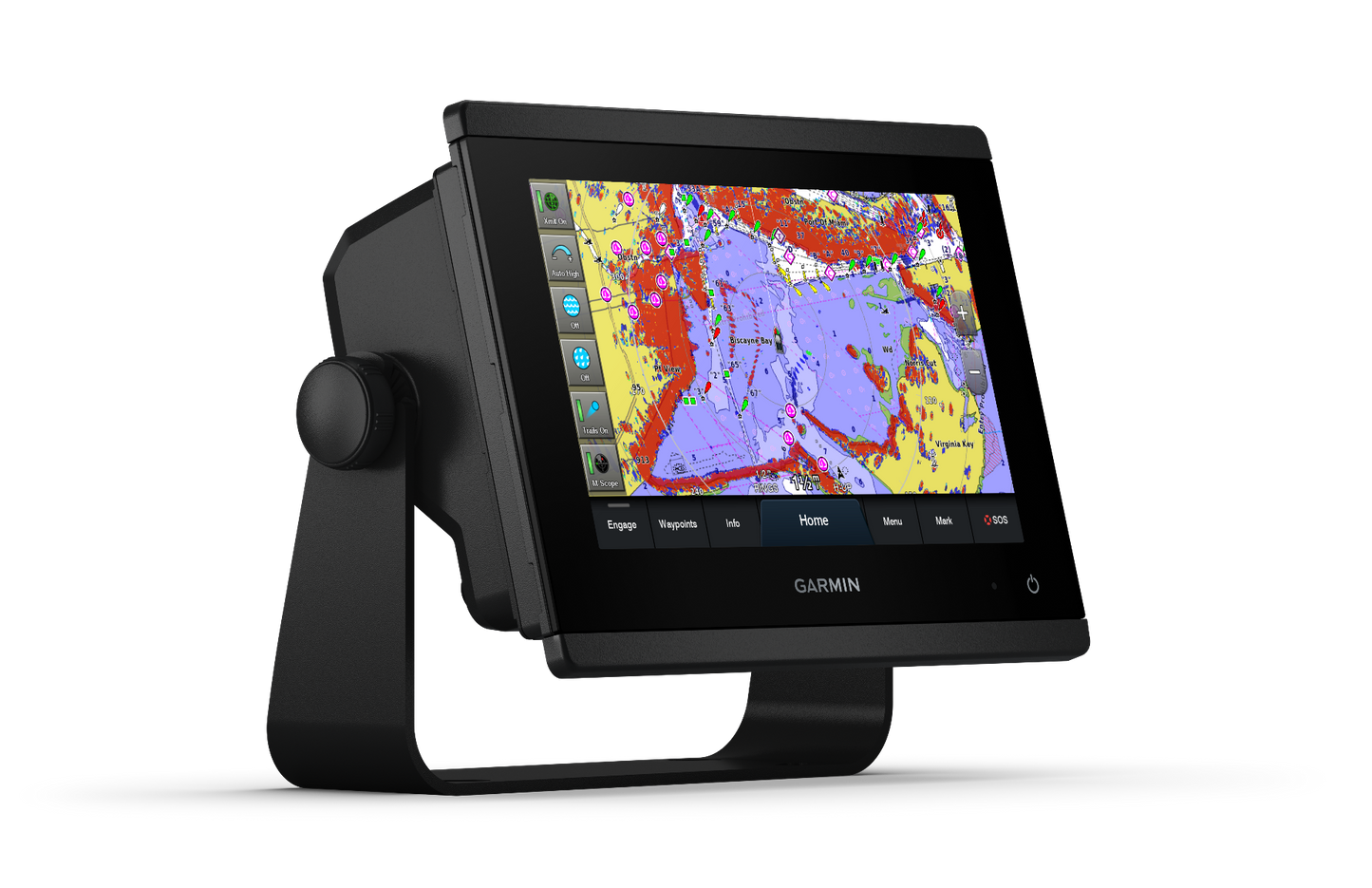 Garmin GPSMAP 743xsv marine chartplotter, black bezel, displays a colorful nautical chart.