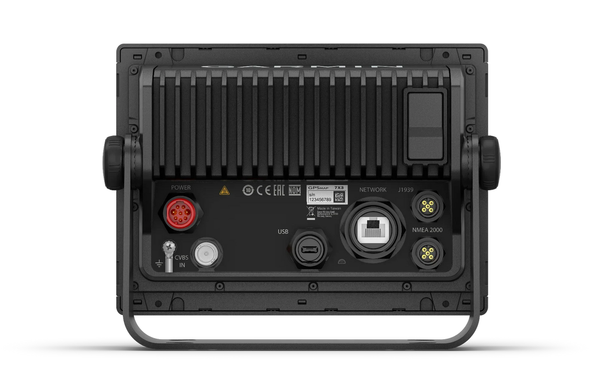 Garmin GPSMAP 943xsv marine chartplotter back panel with red power connector and multiple ports