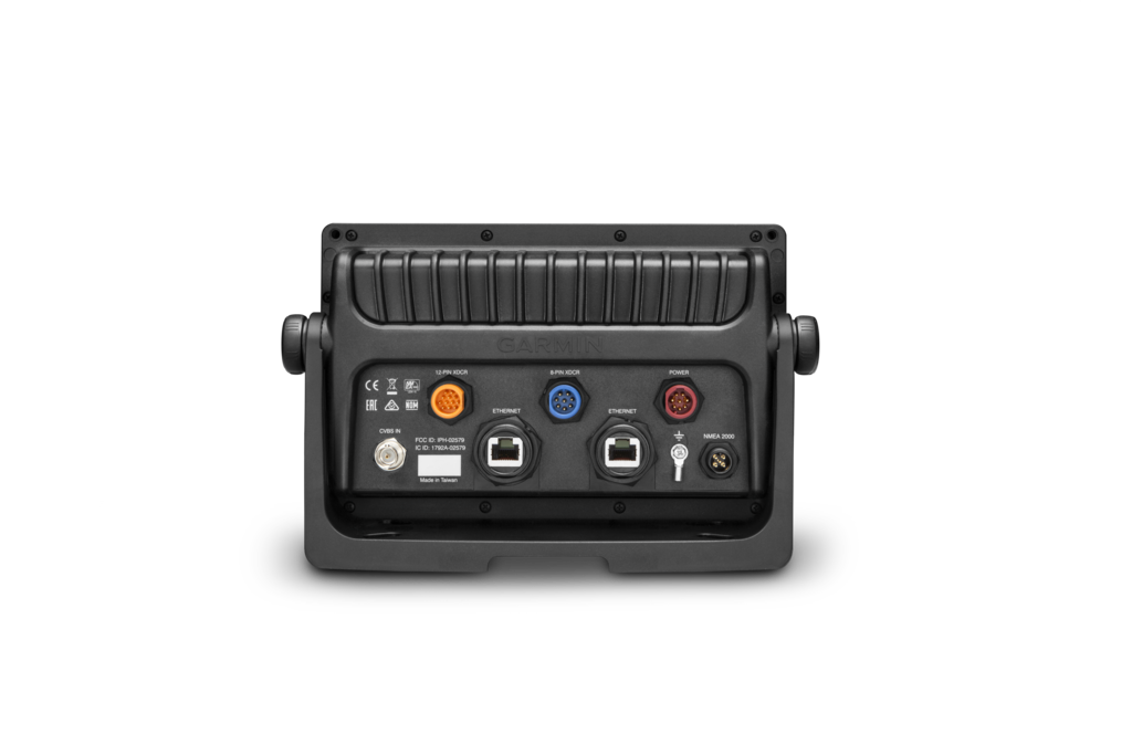 Garmin GPSMAP 7607xsv marine chartplotter back panel with orange, blue and red connectors