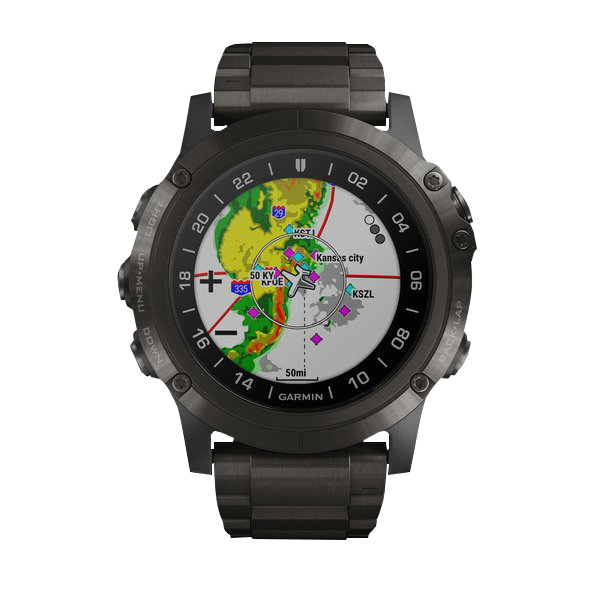 Garmin D2 Delta PX Aviator GPS smartwatch with DLC titanium band and aviation map display.
