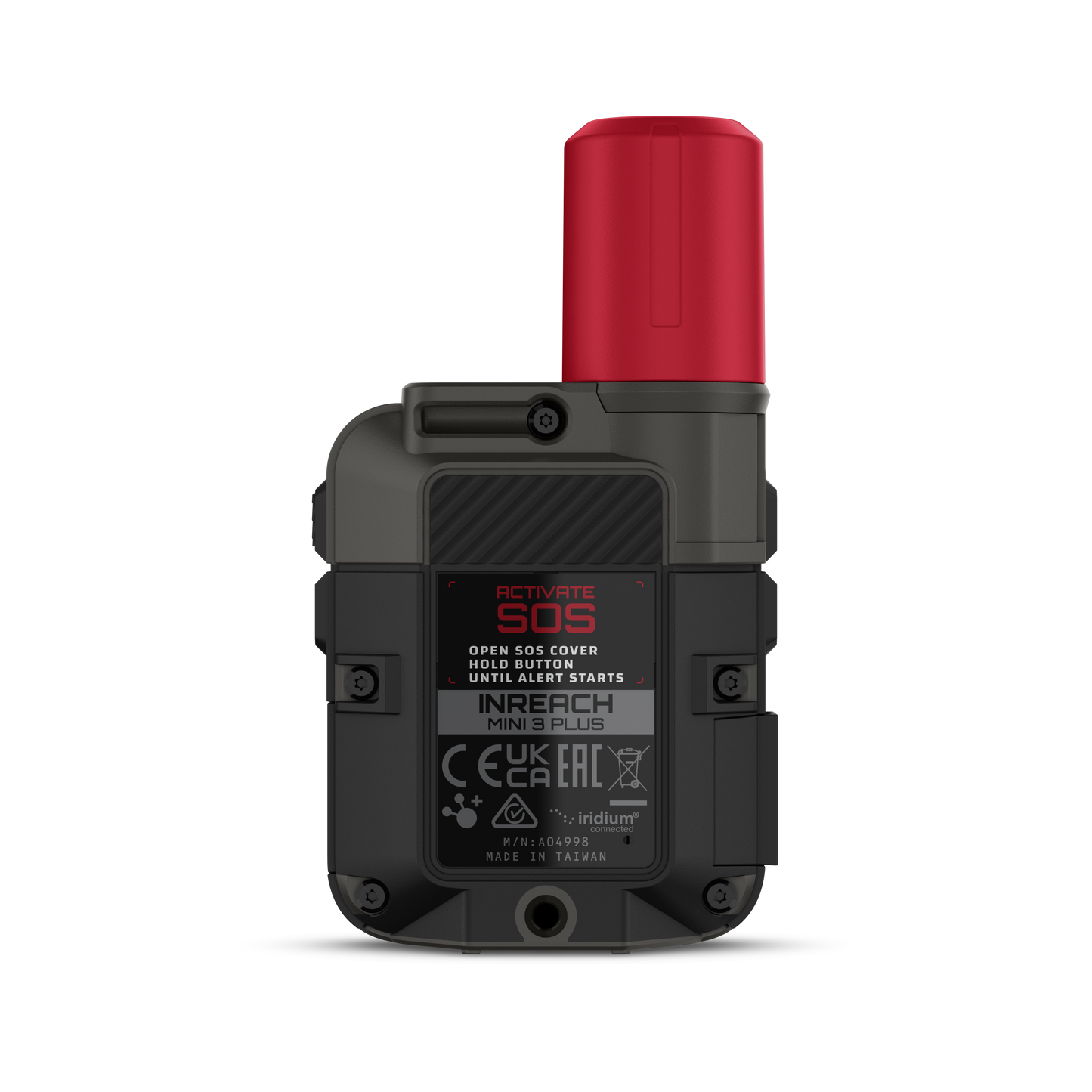 Garmin inReach Mini 3 Plus satellite messenger with red top and rugged gray body showing an active SOS screen