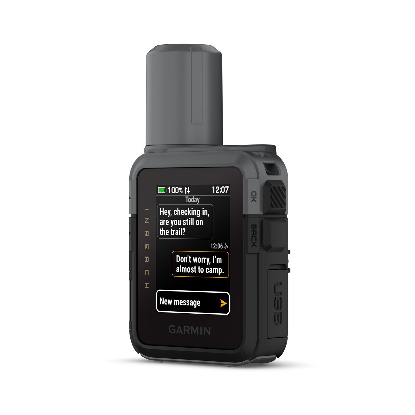 Garmin inReach Mini 3 satellite communicator with touchscreen, rugged gray handheld device.
