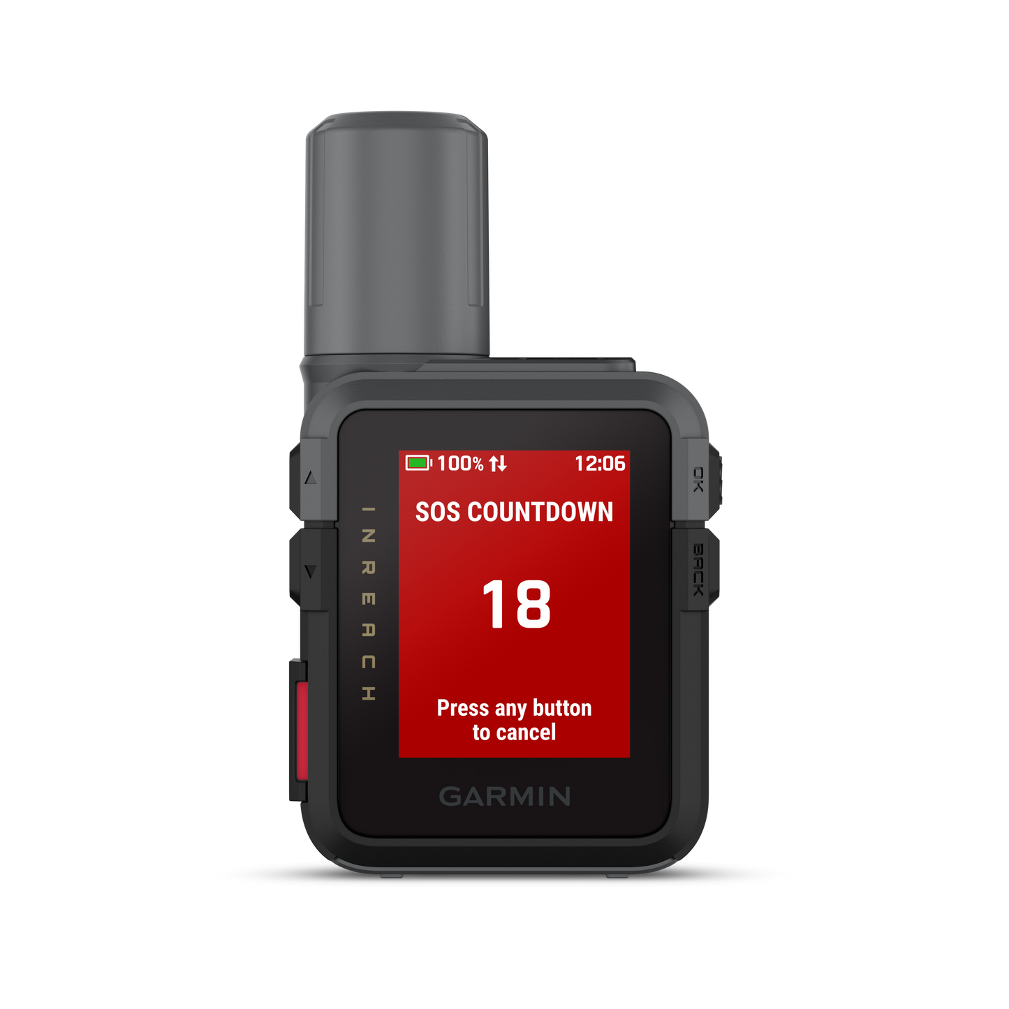 Garmin inReach Mini 3 satellite communicator with touchscreen, rugged gray housing and red SOS countdown on screen