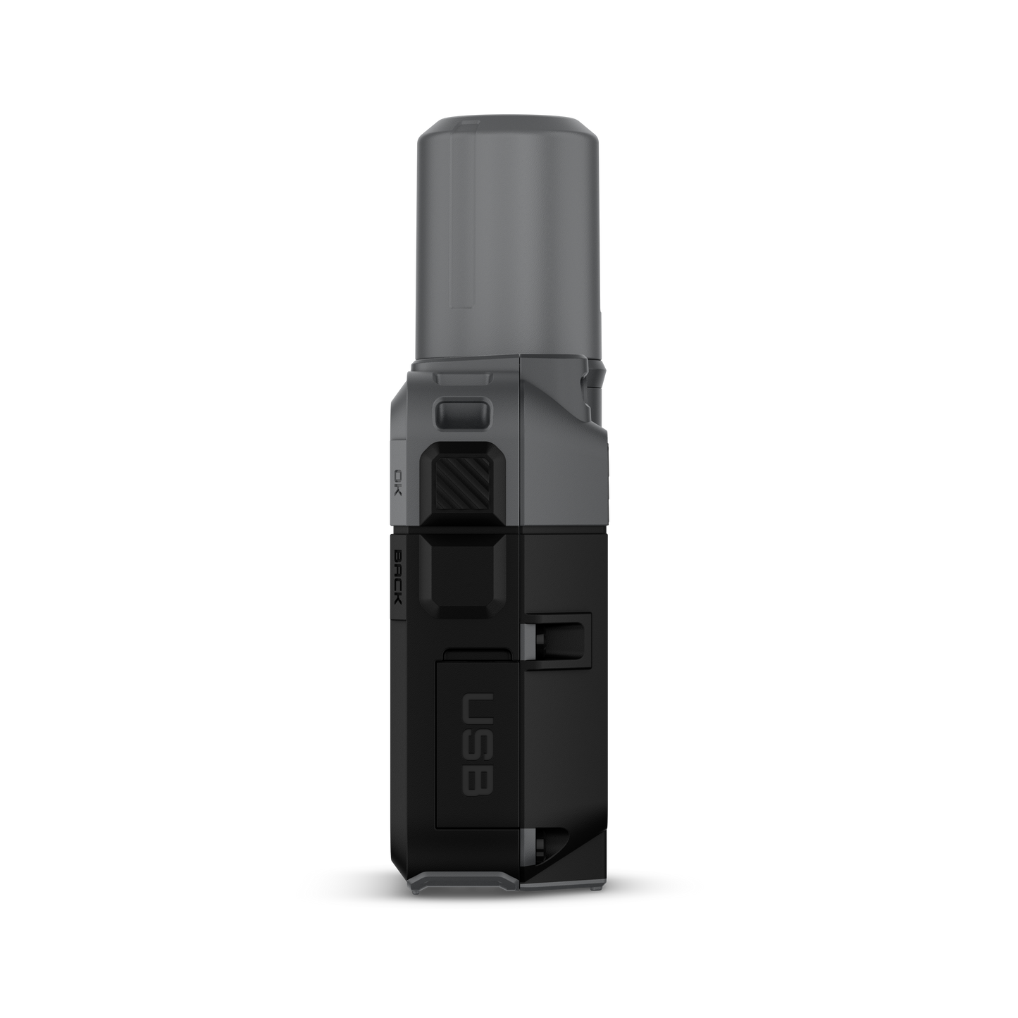 Garmin inReach Mini 3 satellite communicator, gray rugged body, close-up of top section